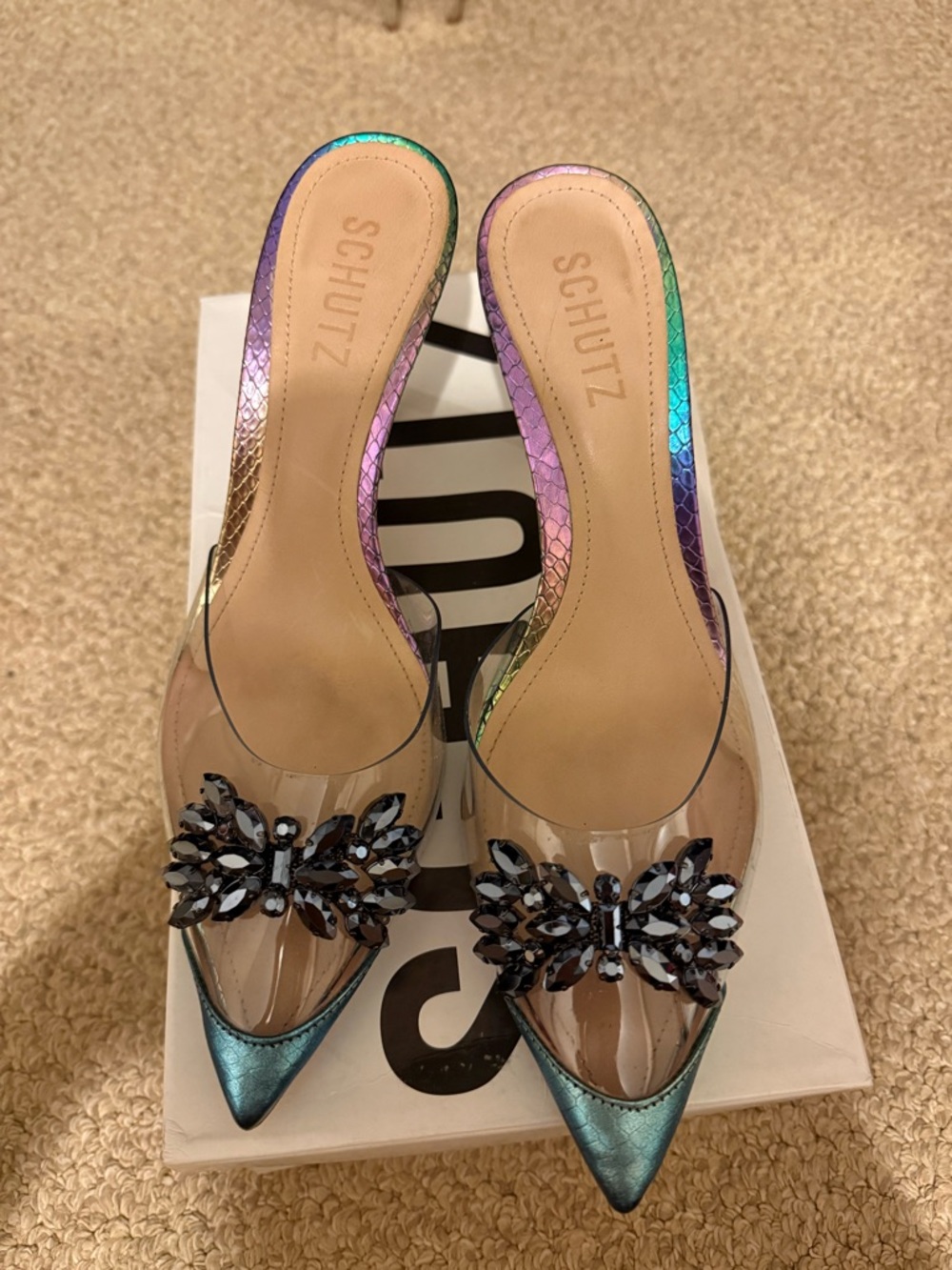 SCHUTZ Iridescent Teal Pointed-Toe Mule with Crystal Brooch